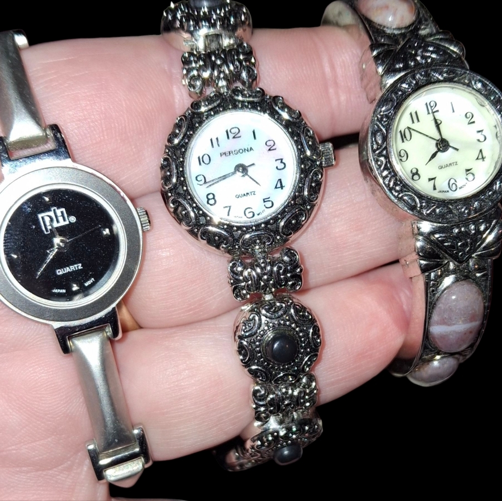 Lot 3 Working watches Silvertone Bracelet And Hinged Cuff Style